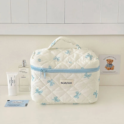 Cute Bow Flower Quilted Makeup Bag - Zipper Cosmetic Organizer, Portable Toiletry Case - Beauty & Beyond