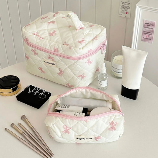 Cute Bow Flower Quilted Makeup Bag - Zipper Cosmetic Organizer, Portable Toiletry Case
