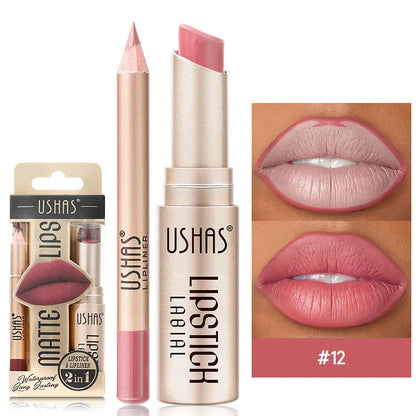 USHAS 12-Color Lip Liner + Lipstick Set – Easy Coloring, Matte, Long-Lasting Nude & Red Lipstick - Beauty & Beyond