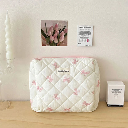Cute Bow Flower Quilted Makeup Bag - Zipper Cosmetic Organizer, Portable Toiletry Case - Beauty & Beyond