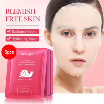 5/10PCS BIOAQUA Snail & Hyaluronic Acid Face Mask - Moisturizing, Firming, Hydrating Skin Care - Beauty & Beyond