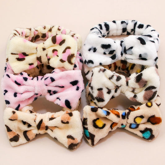 Leopard Spa Headband - Soft Coral Fleece, Cute Bow, Face Wash & Makeup Wrap for Women & Girls