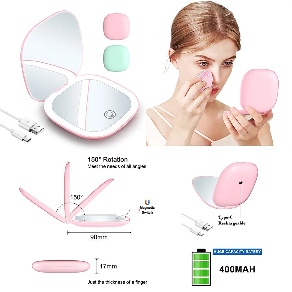 Mini Foldable LED Makeup Mirror - 5x/10x Magnification, Rechargeable, Compact - Beauty & Beyond