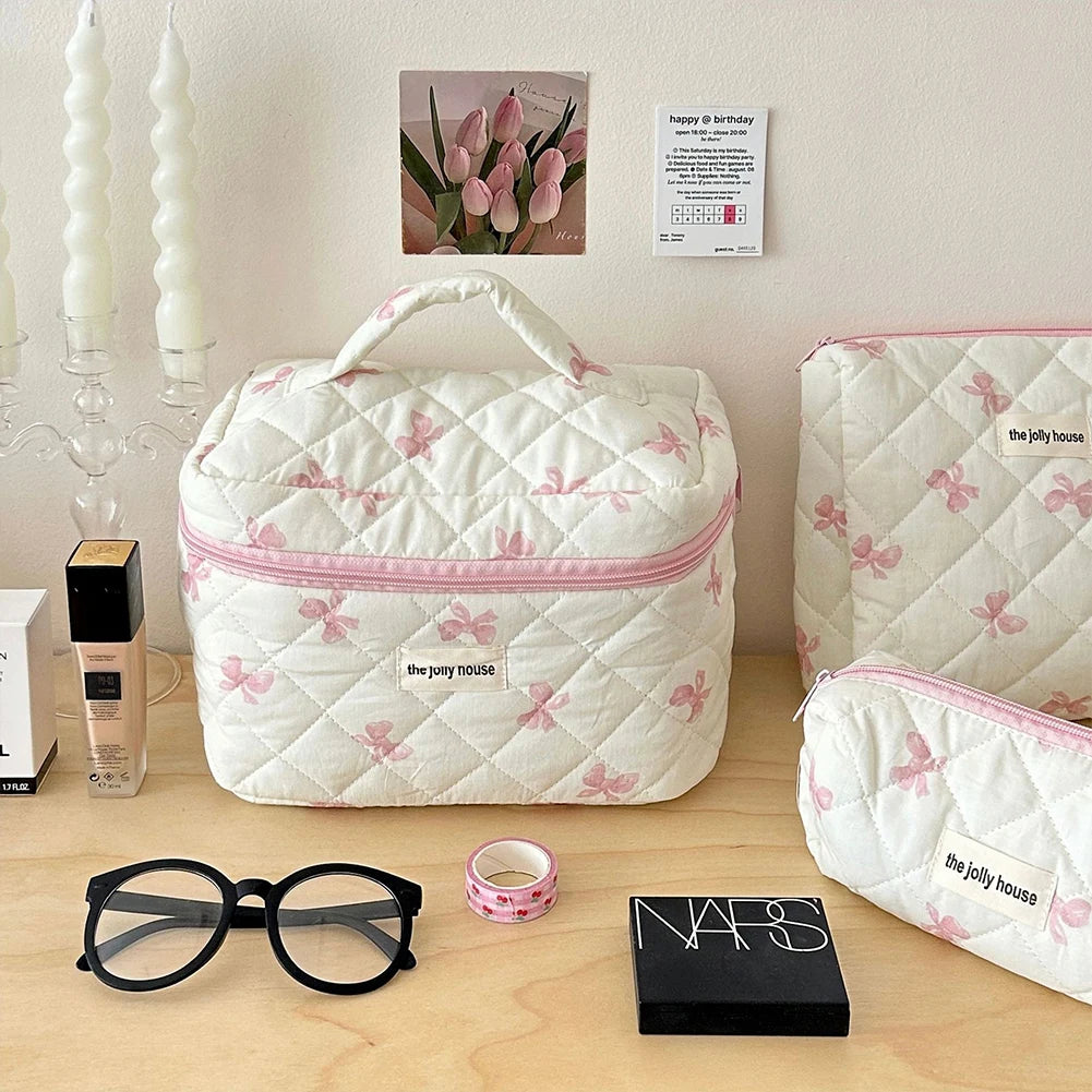 Cute Bow Flower Quilted Makeup Bag - Zipper Cosmetic Organizer, Portable Toiletry Case - Beauty & Beyond