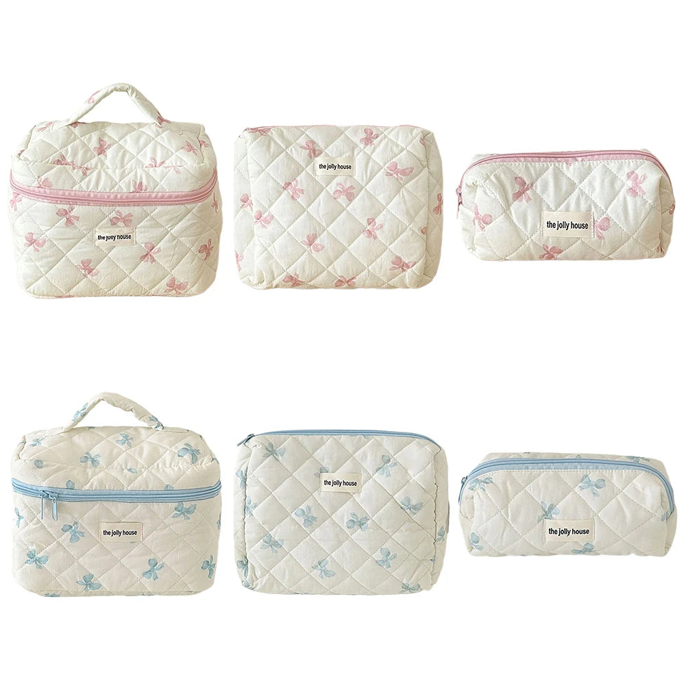 Cute Bow Flower Quilted Makeup Bag - Zipper Cosmetic Organizer, Portable Toiletry Case - Beauty & Beyond