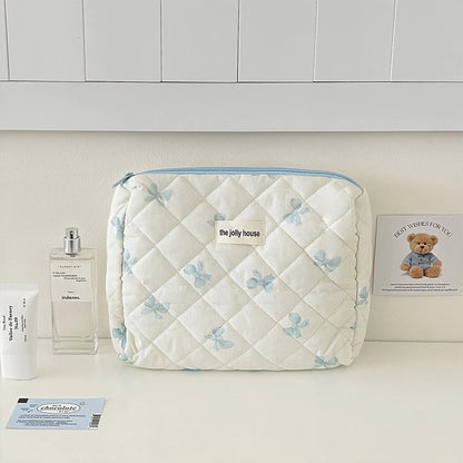 Cute Bow Flower Quilted Makeup Bag - Zipper Cosmetic Organizer, Portable Toiletry Case - Beauty & Beyond