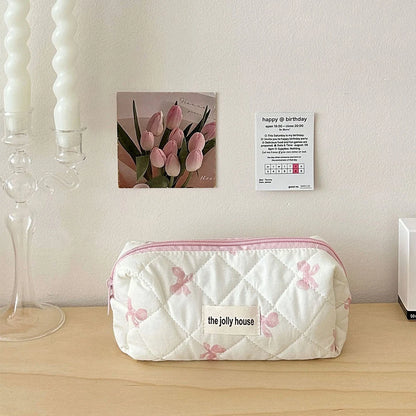 Cute Bow Flower Quilted Makeup Bag - Zipper Cosmetic Organizer, Portable Toiletry Case - Beauty & Beyond