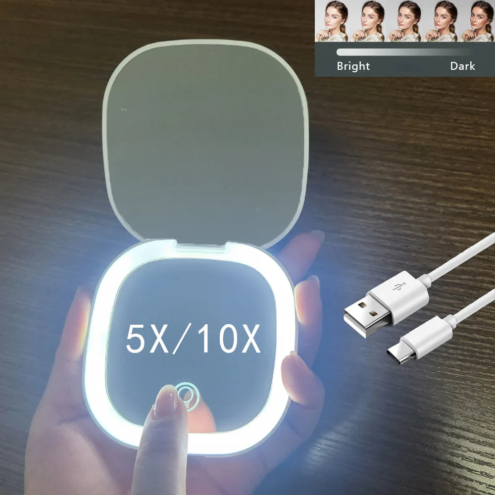 Mini Foldable LED Makeup Mirror - 5x/10x Magnification, Rechargeable, Compact - Beauty & Beyond